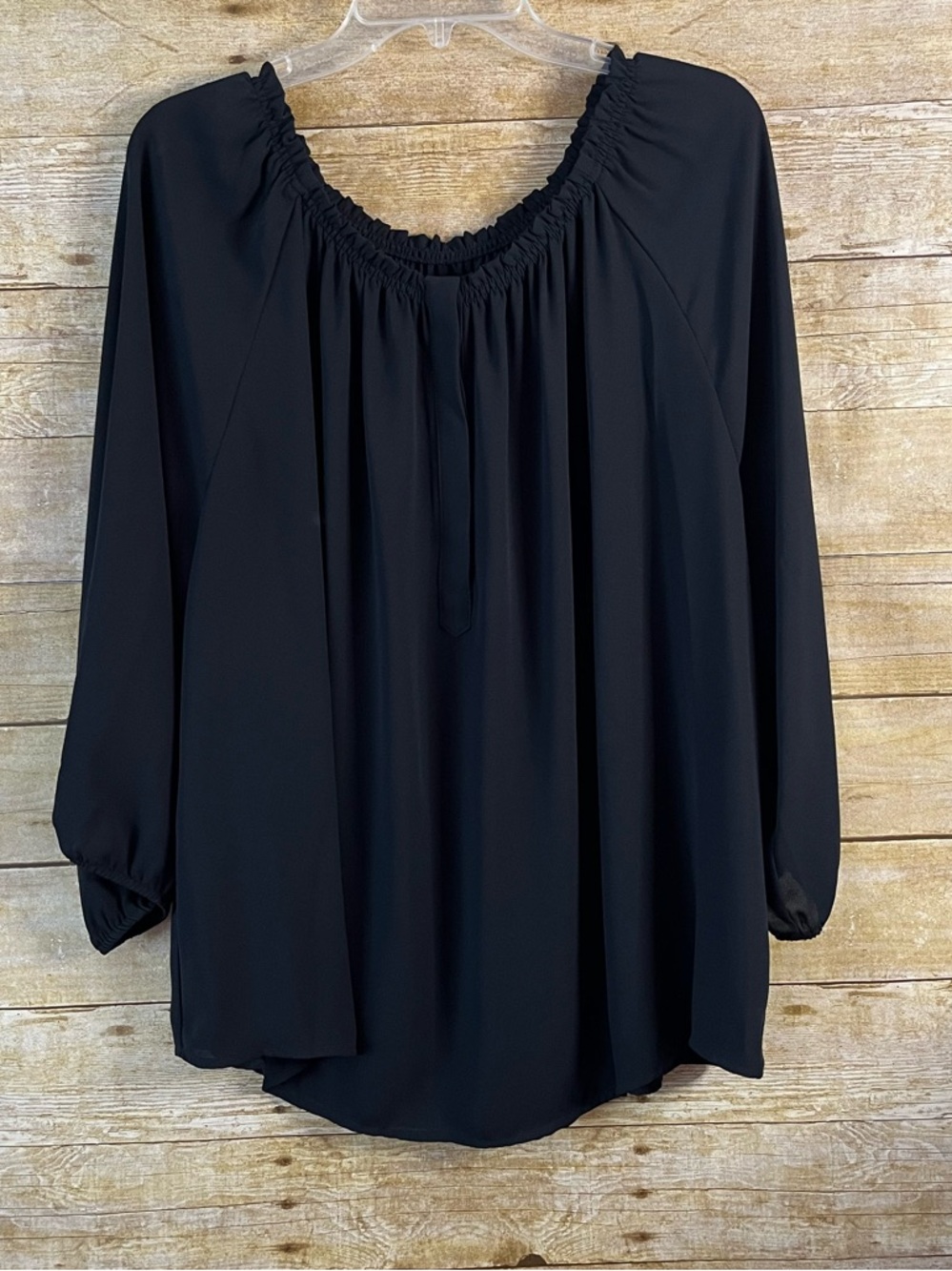 Black Womens Blouse with Gathered Elastic Scoop Neck Loose Banded Cuffs Flowy